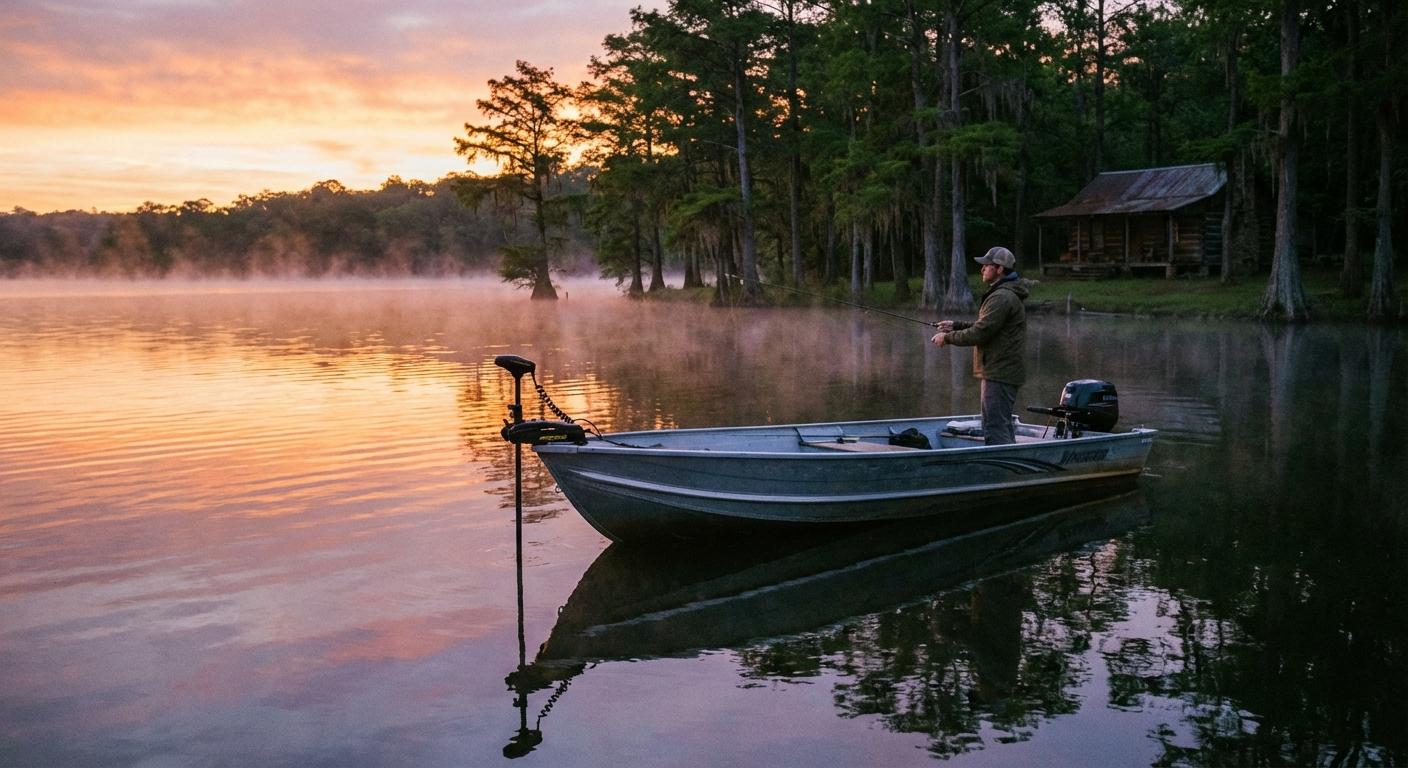 Alu-Angelboot mit Trolling-Motor auf einem ruhigen See bei Morgengrauen