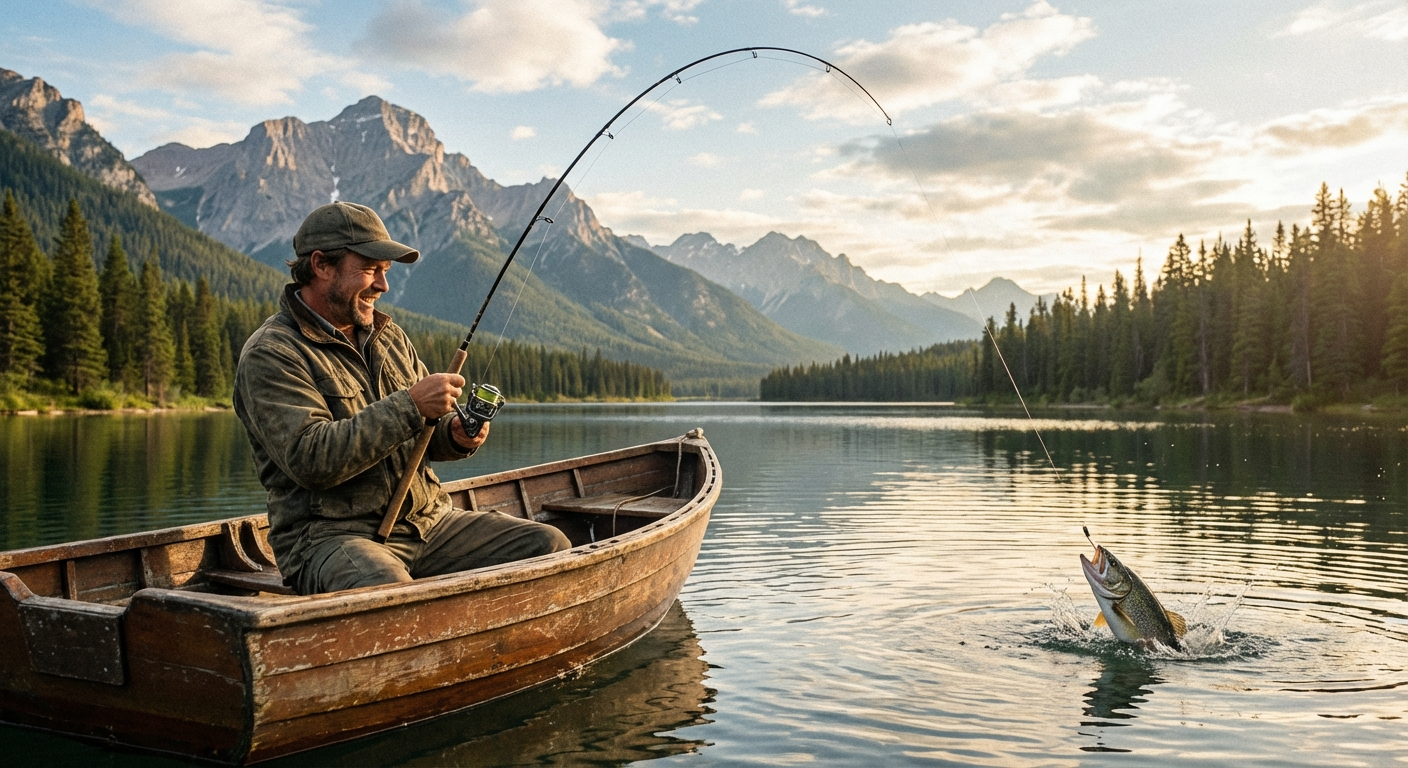 Angler auf einem kleinen Boot mit gebogener Rute — Fang des Tages