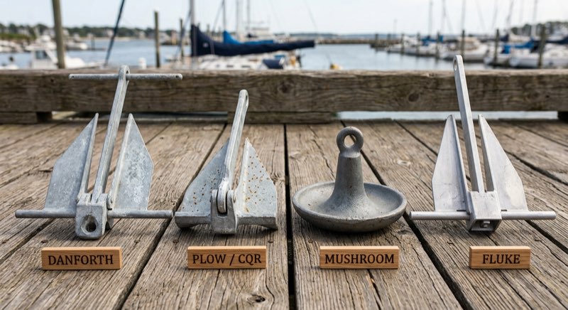 Verschiedene Ankertypen im Vergleich: Danforth, Pflugschar, Pilzanker und Klappanker