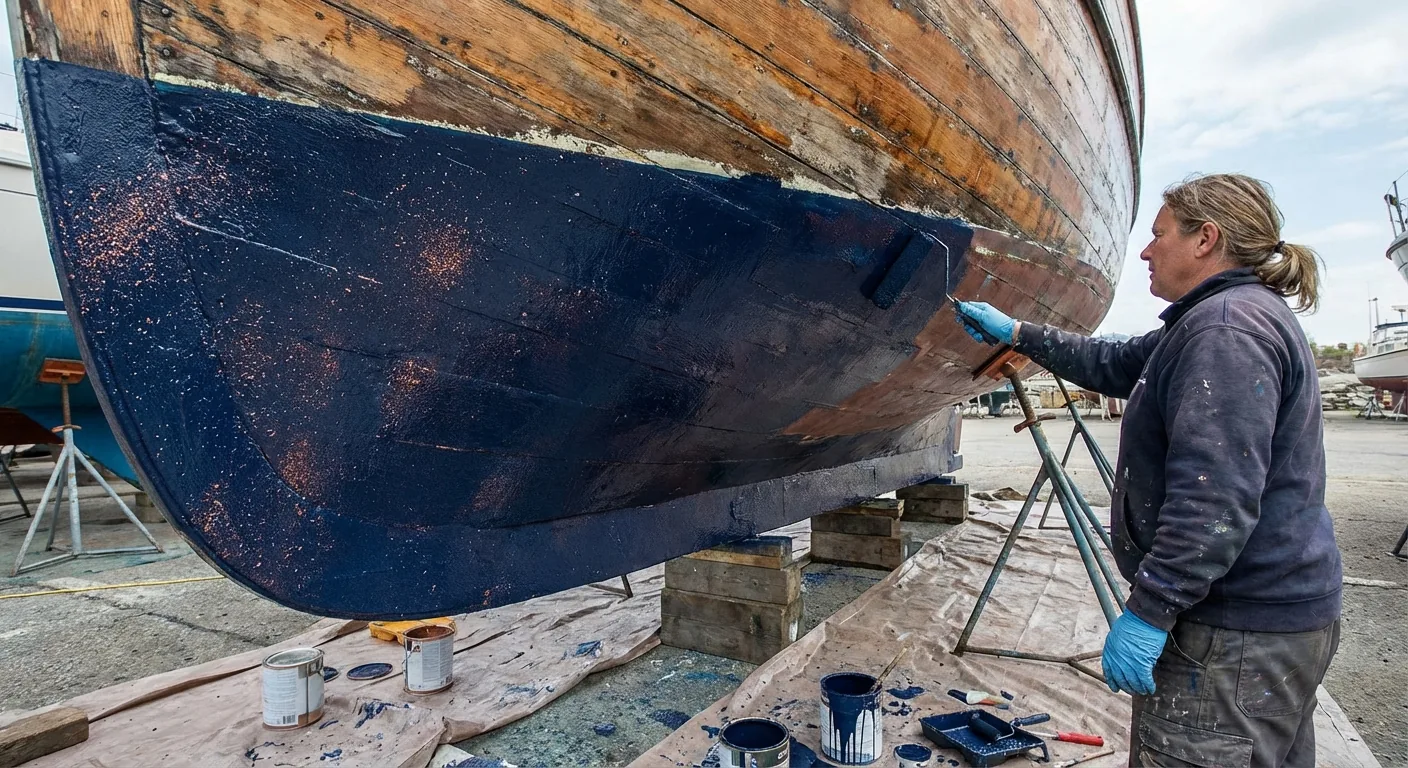 Bootsrumpf wird mit Antifouling-Farbe gestrichen — Unterwasserschutz gegen Bewuchs