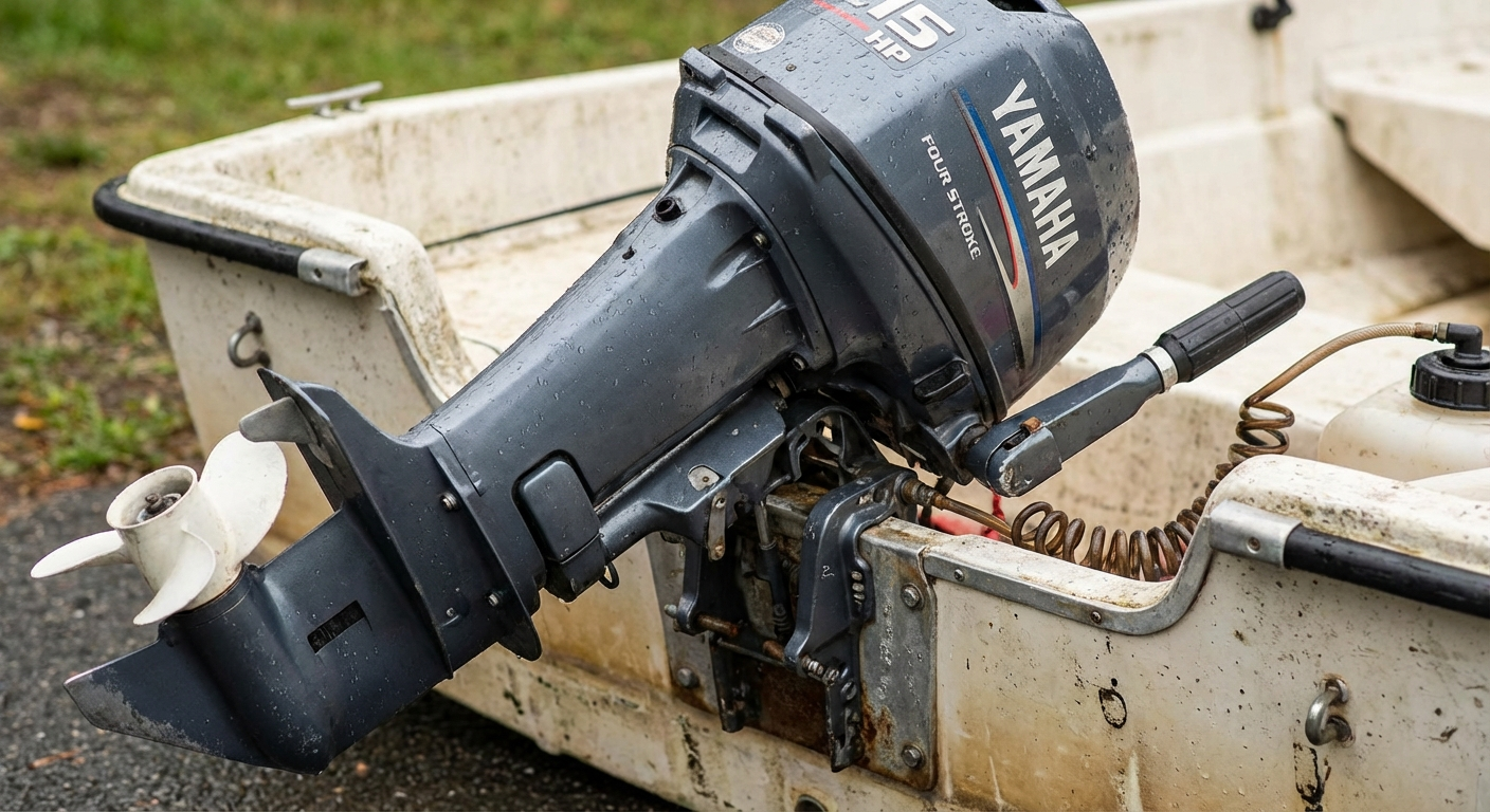 Kompakter 15-PS-Außenborder am Heck eines Bootes — Motordetail