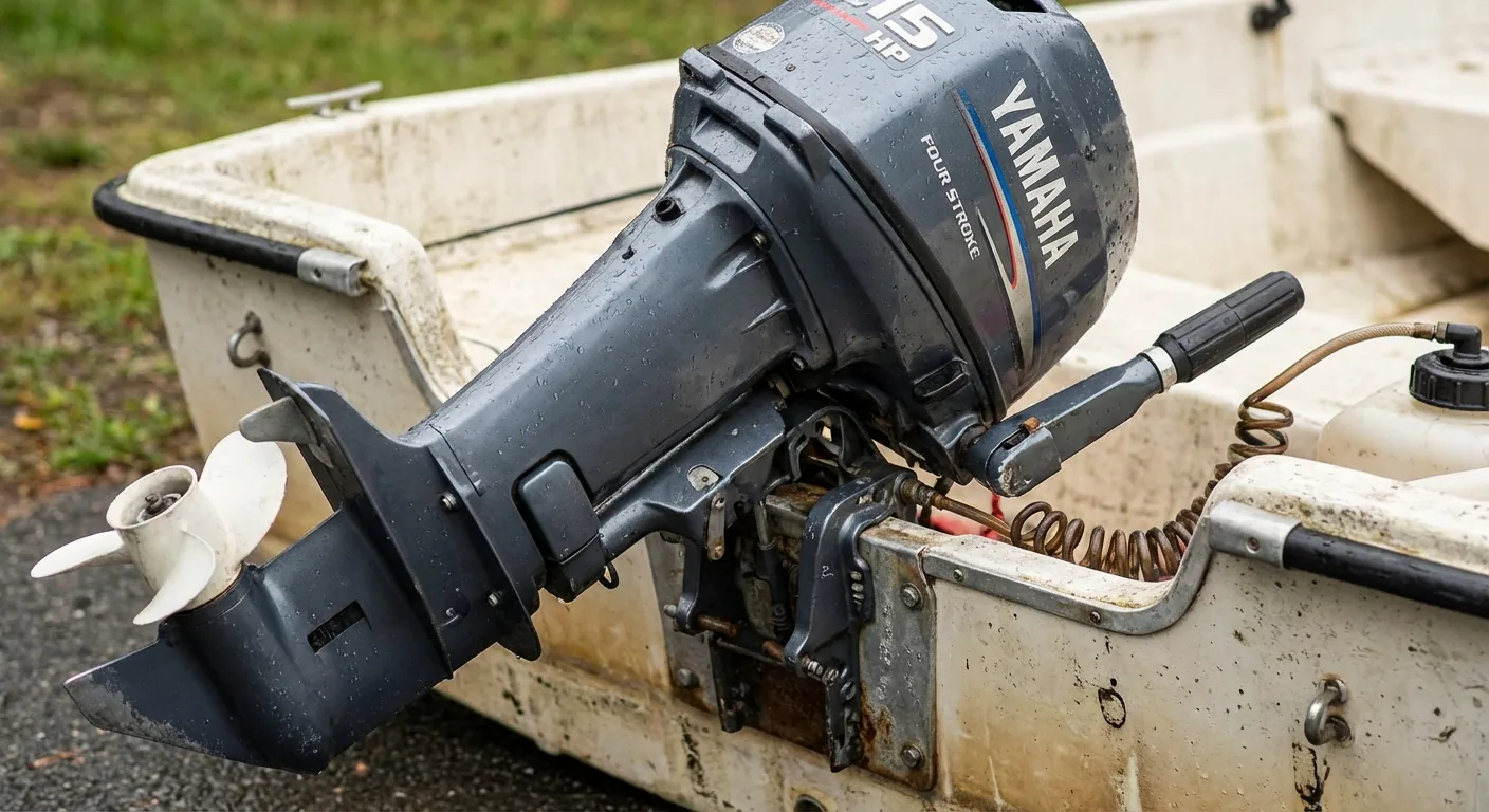 Kompakter 15-PS-Außenborder am Heck eines Bootes — Motordetail