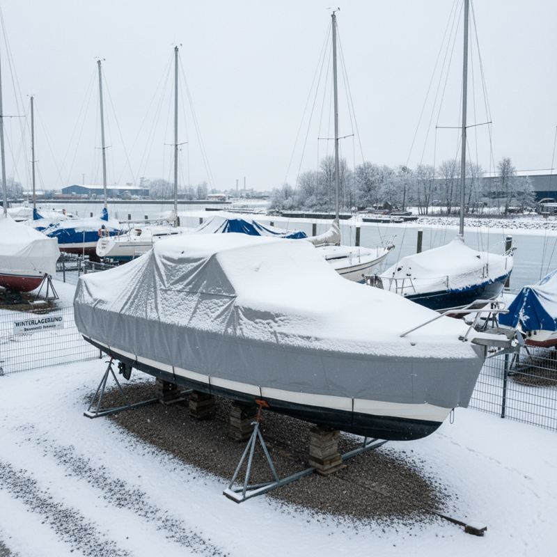 Boot unter Abdeckplane im Winter, professionelle Winterlagerung am Bootshafen