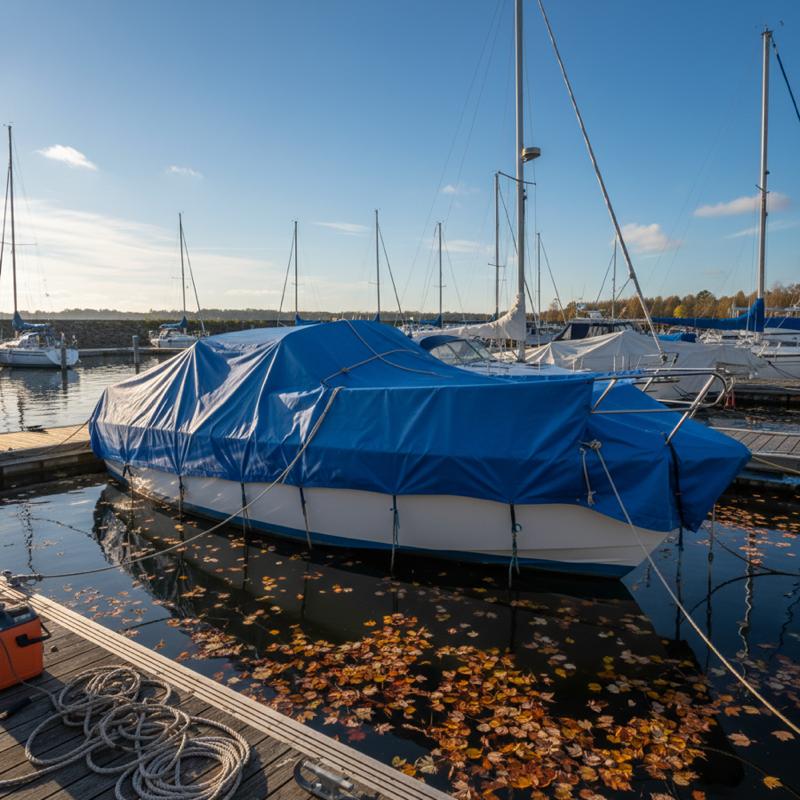 Motorboot wird mit Abdeckplane für die Wintersaison vorbereitet, Bootshafen im Herbst