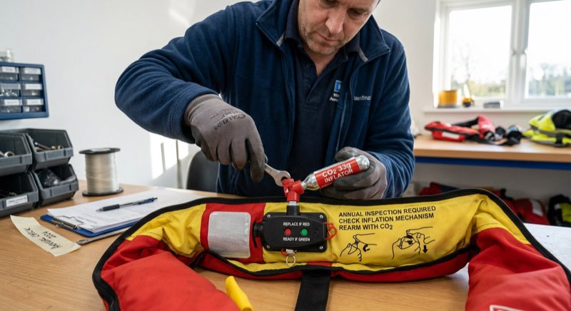 Rettungsweste Wartung — Jährliche Inspektion: CO2-Kartusche prüfen, Auslösetablette kontrollieren