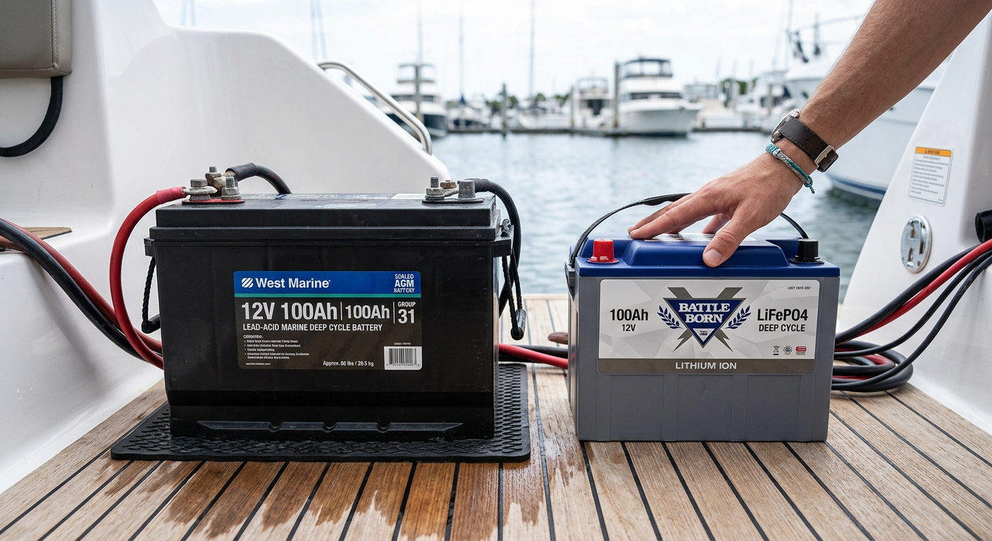 Größenvergleich Blei-Gel-Batterie (28kg, groß) neben LiFePO4-Batterie (12kg, kompakt)