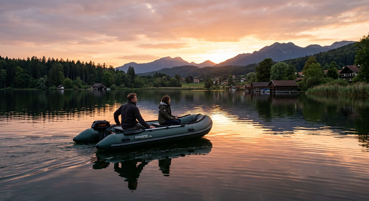 Schlauchboot mit Elektromotor auf einem ruhigen See bei Sonnenuntergang, Person steuert entspannt