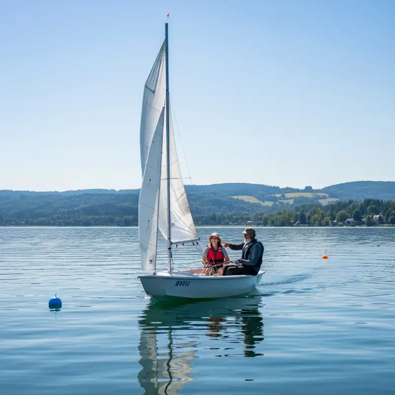 Anfänger segelt auf ruhigem See mit kleiner Jolle bei strahlendem Sonnenschein