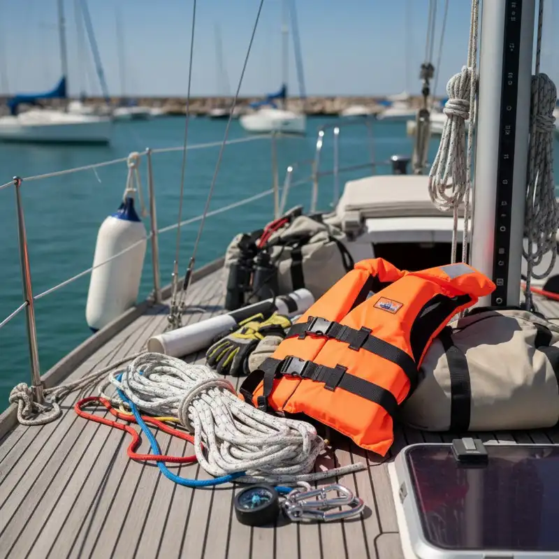 Segelboot-Ausrüstung für Anfänger: Schwimmweste, Leinen, Sicherheitsausrüstung an Deck