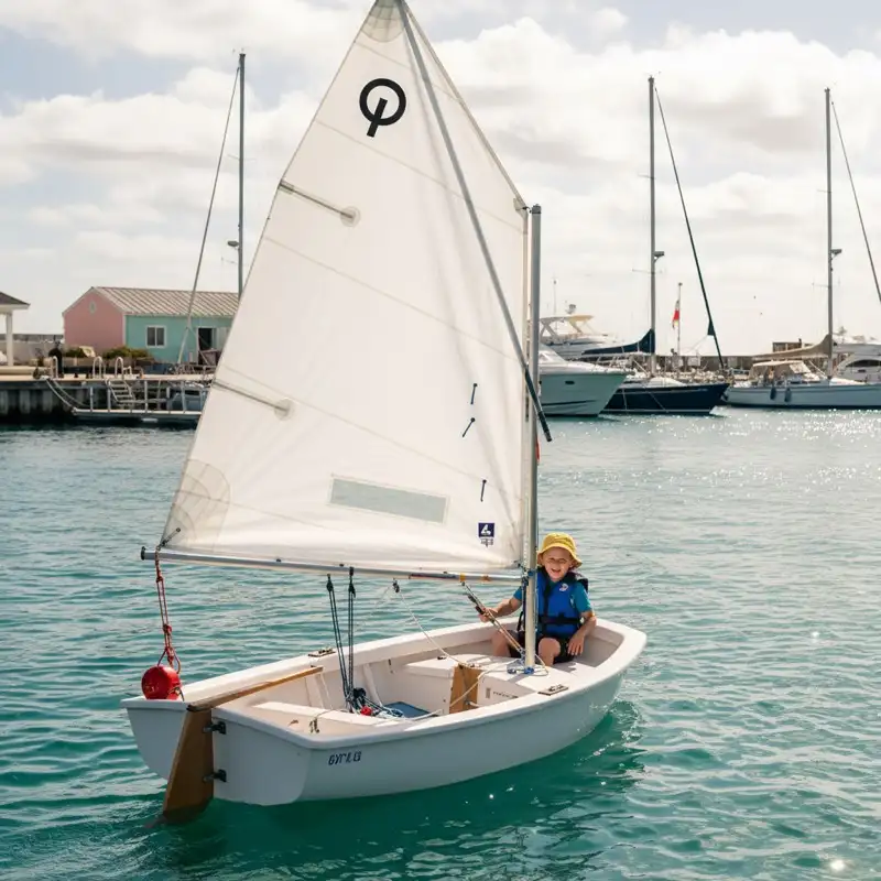 Kleine Jolle mit weißem Segel im Hafen — klassisches Einstiegssegelboot für Anfänger