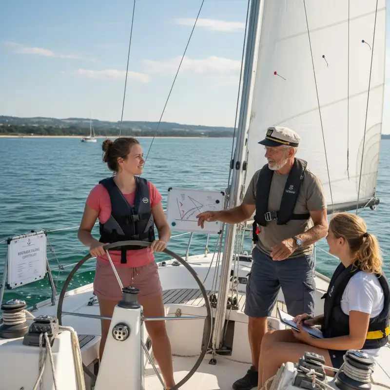 Segelschein Kurs — Segellehrer erklärt Anfängern die Bedienung eines Segelboots