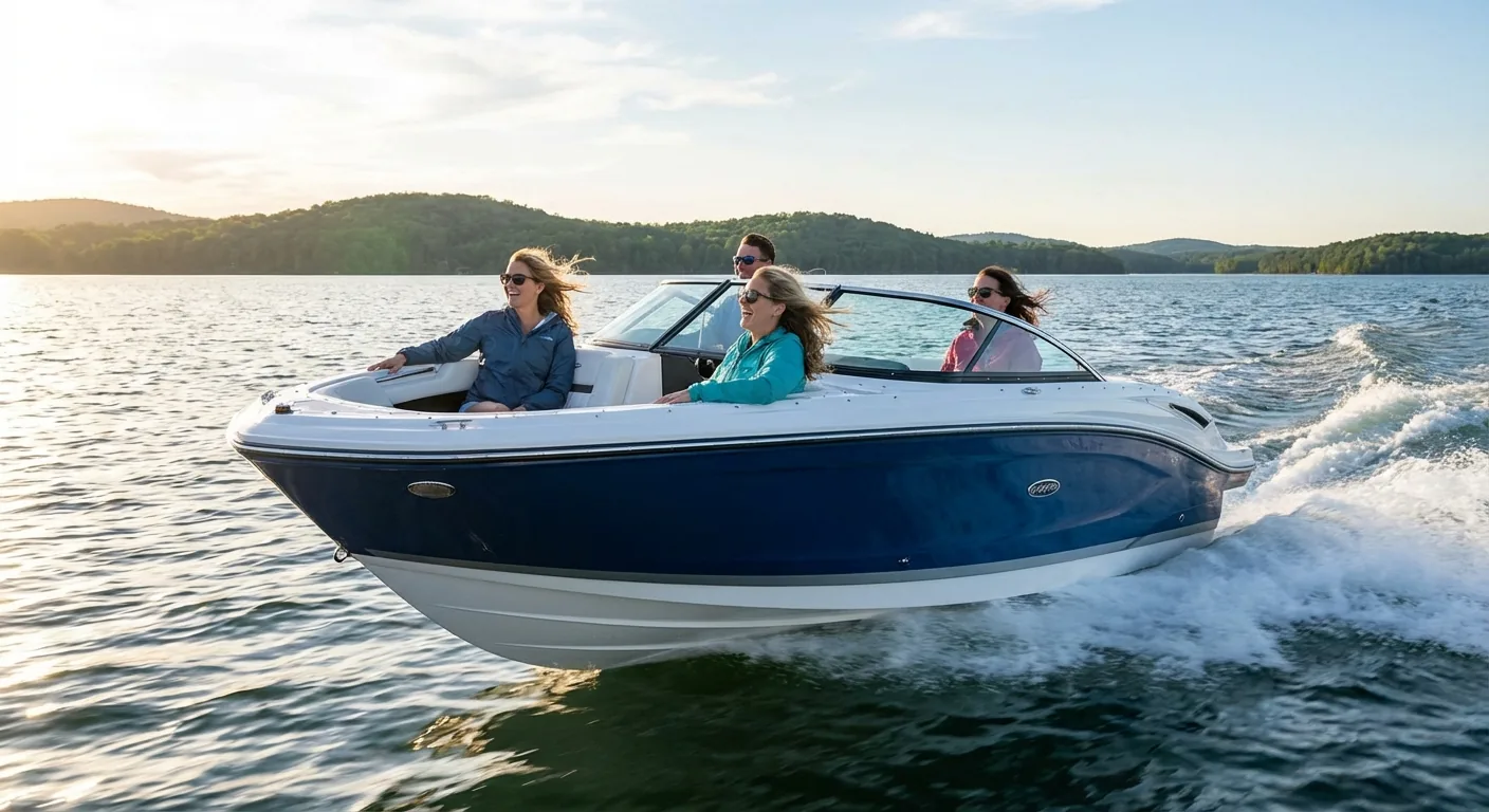Sportboot auf einem See — Bowrider bei voller Fahrt mit Wasserfontäne