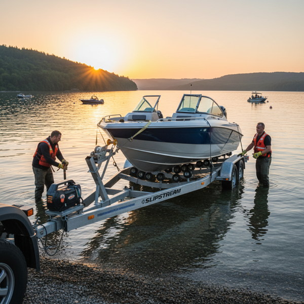 Bootsanhänger Sliptrailer am See – Motorboot wird verladen
