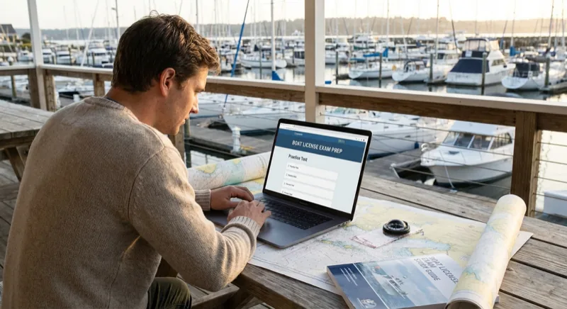 Person lernt für den Bootsführerschein am Laptop mit Marina im Hintergrund