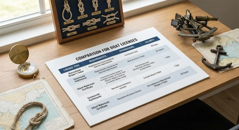 Vergleich verschiedener Bootsführerschein-Typen mit nautischen Utensilien