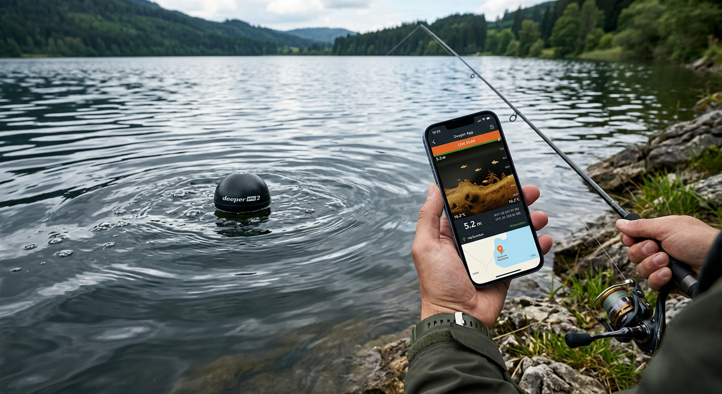 Tragbares Echolot mit Smartphone-App — Deeper Pro Plus 2 im Wasser geworfen