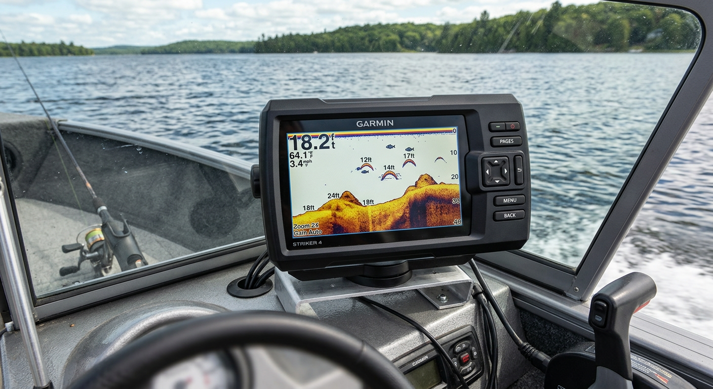 Echolot-Display mit Fisch-Darstellung — Tiefenkarte und Fish-ID im Detail