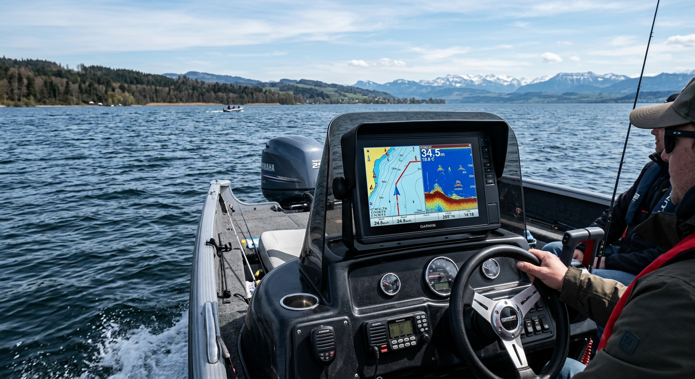 Echolot am Boot — Fishfinder mit Display auf Motorboot — Navigation im Wasser