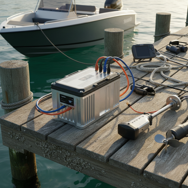 Lithium-Akku für Elektro-Außenborder auf Bootssteg