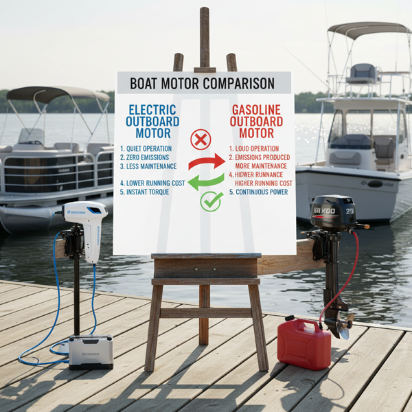 Elektro-Außenborder und Benzin-Außenborder im Vergleich am Bootssteg